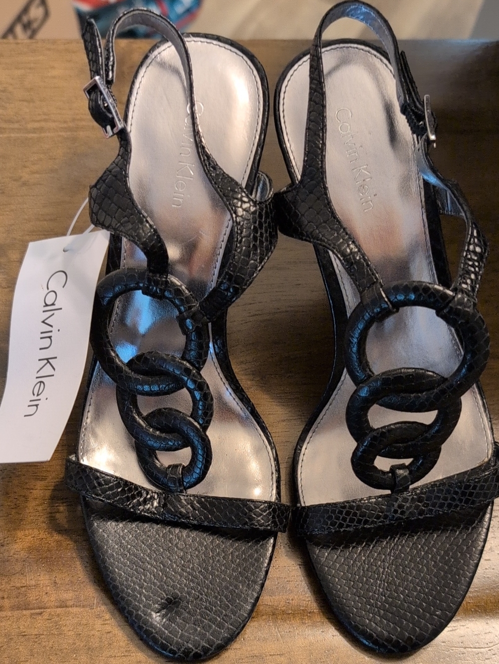 Calvin Klein Black Textured Slingback Sandals With Heels with Ring Detail